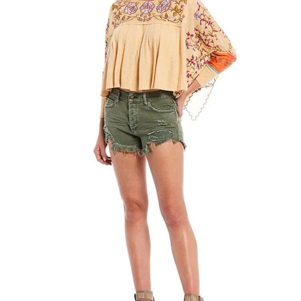 Free People Olive Green Distressed Denim Cutoff Shorts